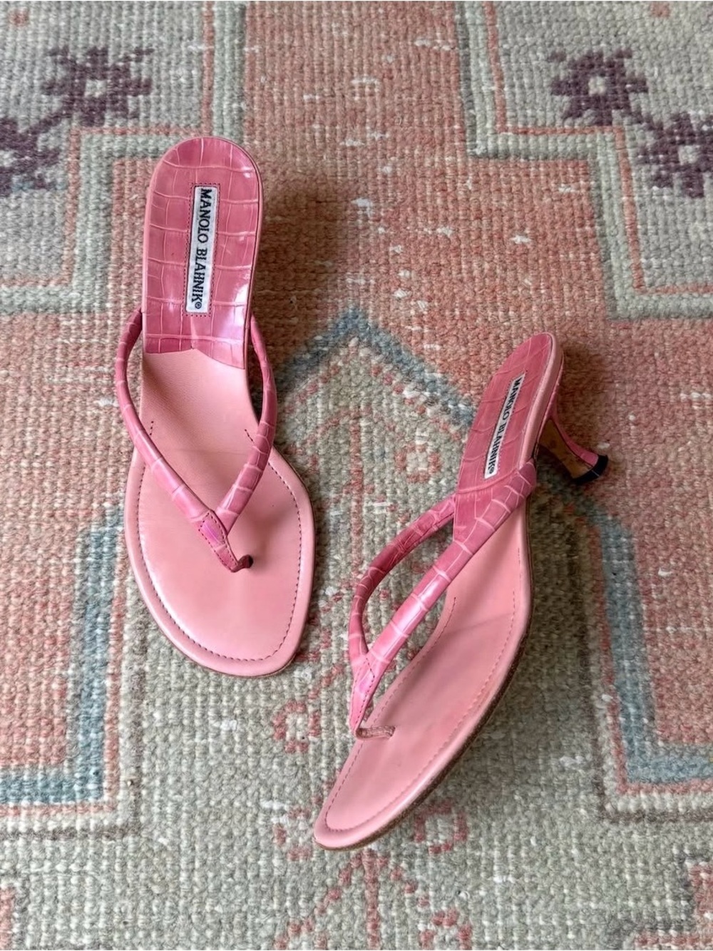 Manolo Blahnik Pink Croc-Embossed Thong Kitten Heel Sandals